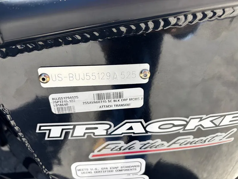Slide: The Image of 2025 Tracker Savage 215 boat identification plate with serial number and branding. - 23