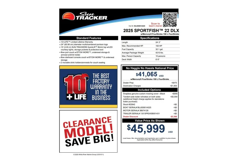 Slide: The Image of 2025 Sun Tracker SportFish 22 DLX boat features, pricing, and warranty details. - 85