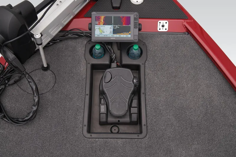 Slide: The Image of 2025 Tracker Savage 215 boat interior with gray and red seating. - 13