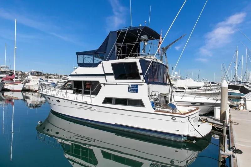 Slide: The Image of 1989 Lien Hwa Vitesse Yachtfisher docked in a marina under clear blue skies. - 51