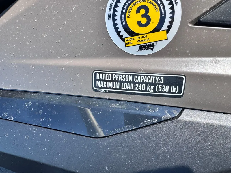 Slide: The Image of 2023 Yamaha WaveRunner FX Cruiser H/O capacity label, rated for 3 persons, 240 kg max load. - 8