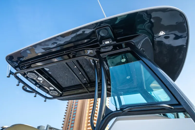 Slide: The Image of Close-up of 2019 Everglades 273CC boat controls with Yamaha throttle. - 40