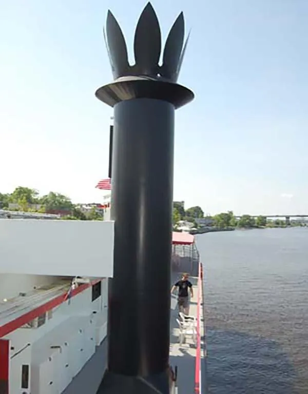 Slide: The Image of Custom 1985 Serodino Dinner Boat with unique smokestack on a river. - 6