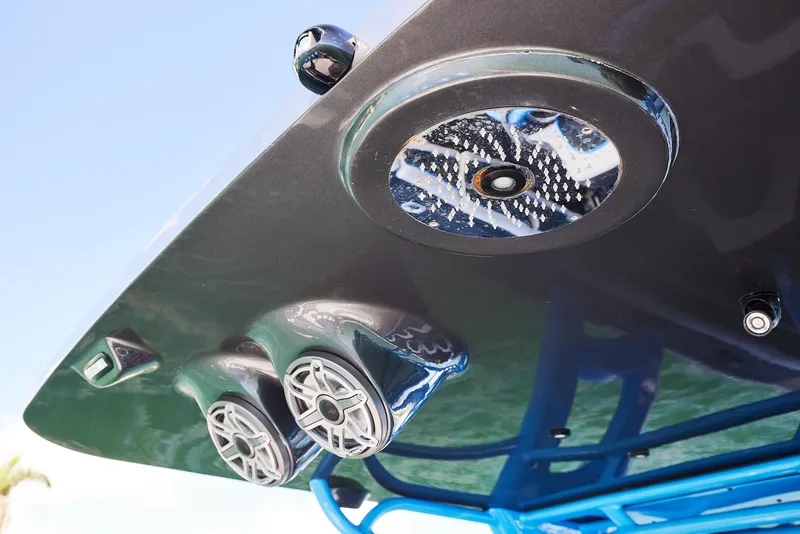 Slide: The Image of 2023 Midnight Express 43' Solstice boat speakers and lights on deck. - 22