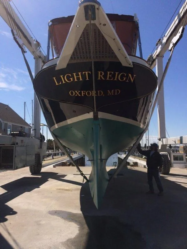 Slide: The Image of Cherubini Schooner 2000 "Light Reign" in dry dock, Oxford, MD, under maintenance. - 34