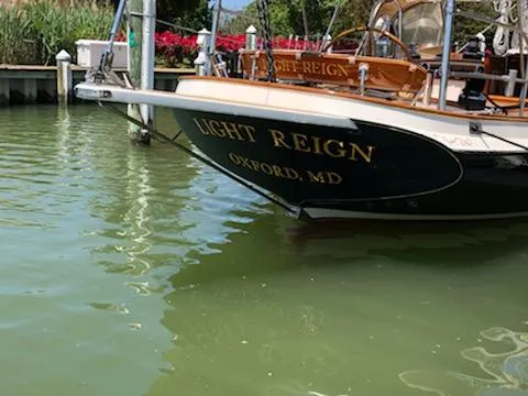 Slide: The Image of Cherubini Schooner 2000 "Light Reign" docked in Oxford, MD, reflecting on calm water. - 43