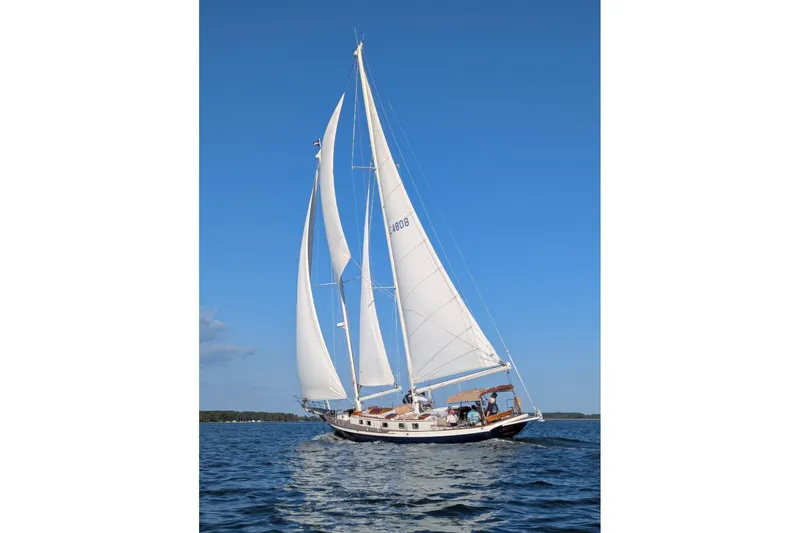 Slide: The Image of Cherubini Schooner 2000 sailing on calm waters under clear blue skies. - 46