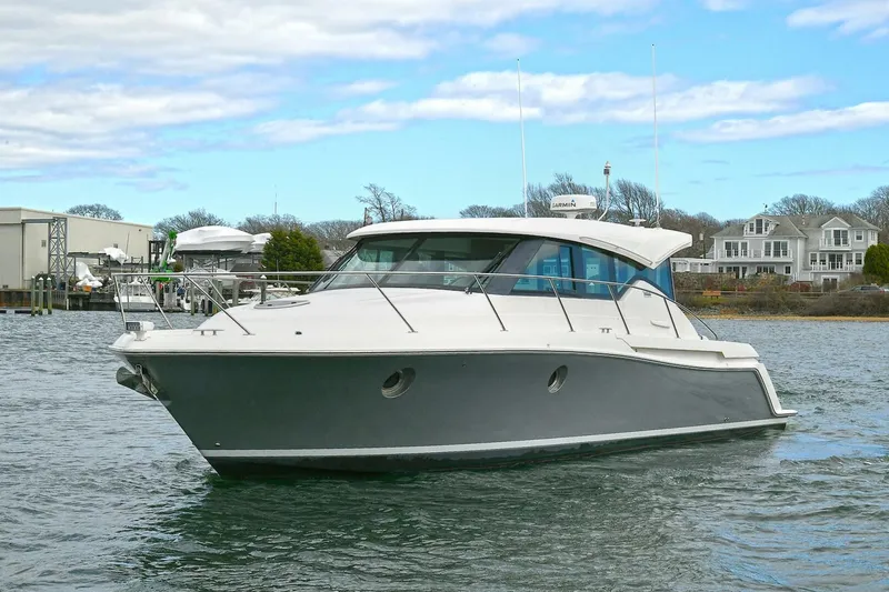 Slide: The Image of 2018 Tiara Yachts 39 Coupe on water, showcasing sleek design and modern features. - 3