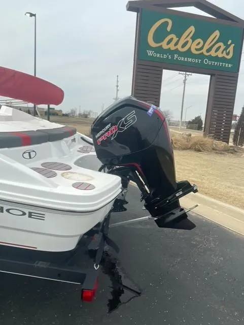 Slide: The Image of 2023 Tahoe T18 boat with Mercury engine at Cabela's parking lot. - 4