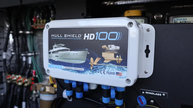 Slide: The Image of Hull Shield HD100 device on 2023 Regal 36 XO boat, showcasing advanced hull protection technology. - 12