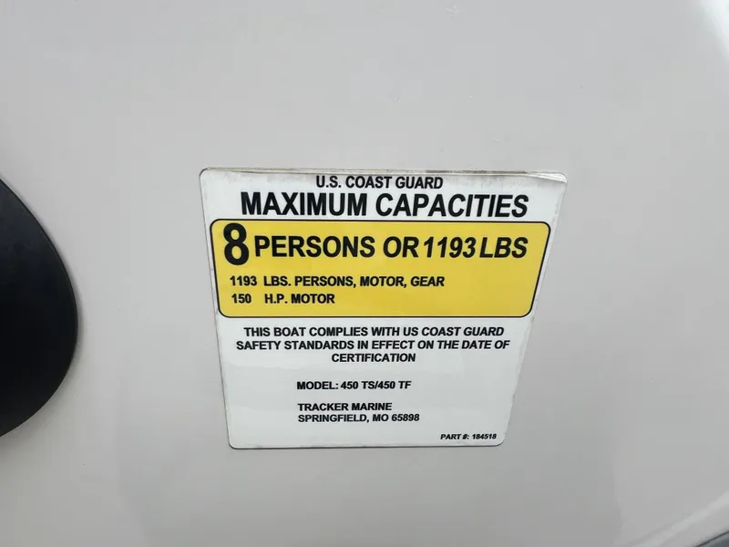 Slide: The Image of 2016 Tahoe 450 TF boat capacity label: 8 persons or 1193 lbs, 150 HP motor. - 20