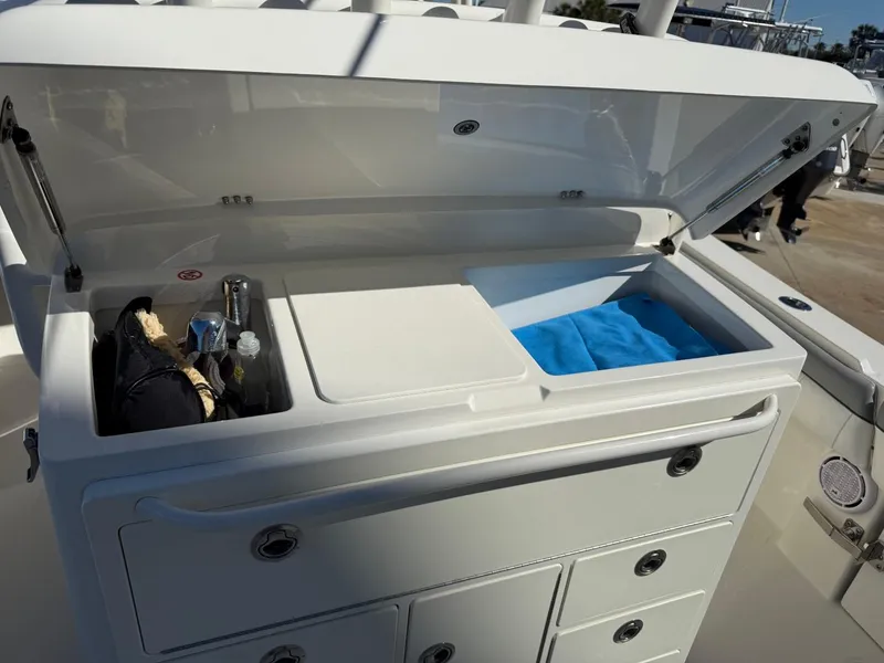 Slide: The Image of 2019 Regulator 31 boat storage compartment with open lid, showcasing organized interior. - 34