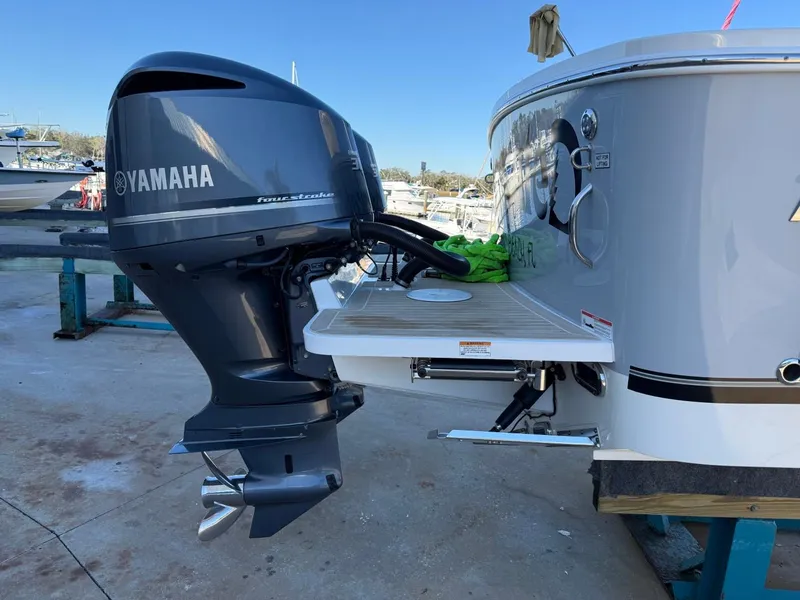 Slide: The Image of 2019 Regulator 31 boat with Yamaha outboard motor, docked on a sunny day. - 4