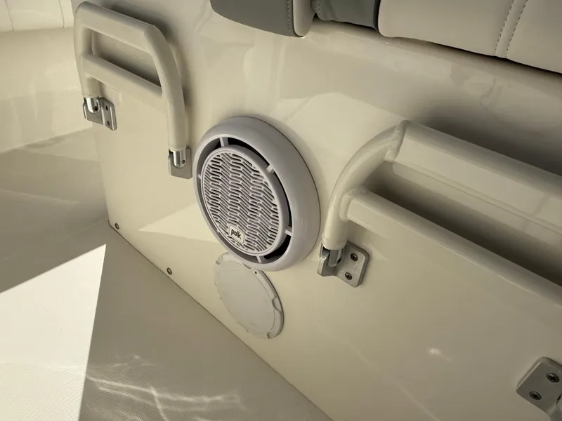 Slide: The Image of 2019 Regulator 31 boat interior with speaker and seating details. - 43