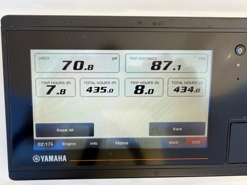 Slide: The Image of Yamaha display showing fuel usage, trip distance, and engine hours for a 2019 Regulator 31 boat. - 44