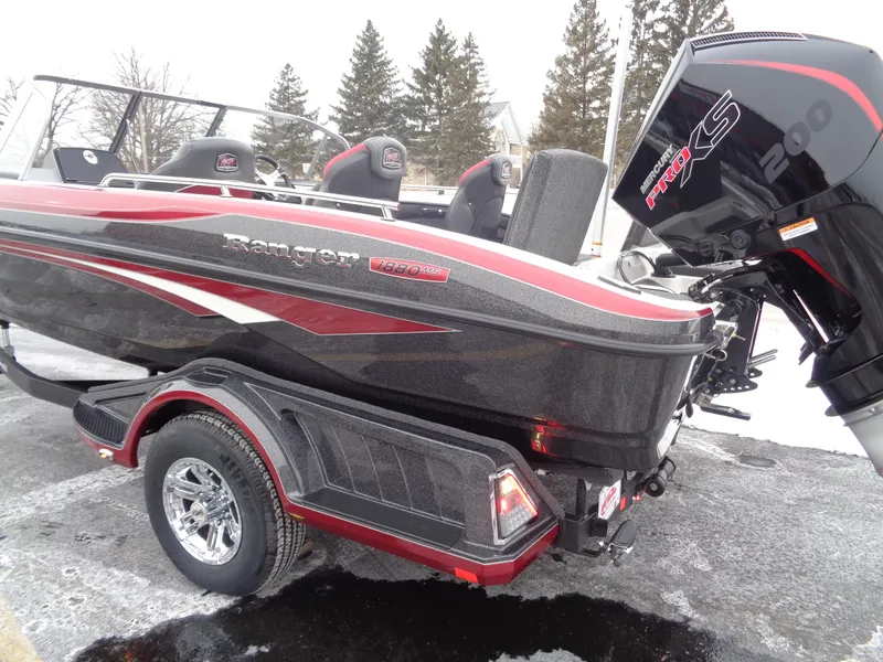 Slide: The Image of 2025 Ranger 1880 MS Angler boat with sleek design and powerful engine on a snowy day. - 3