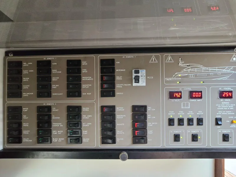 Slide: The Image of Control panel of 2013 Fairline Targa 38 Open yacht, featuring various switches and indicators. - 81