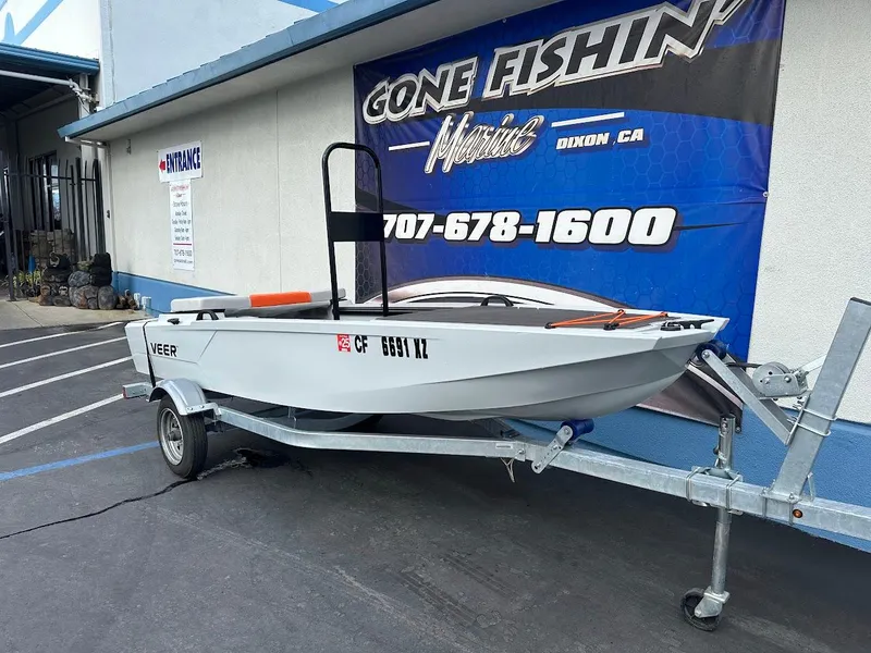Slide: The Image of 2023 Veer V13 boat on trailer outside fishing store, Dixon, CA. - 2