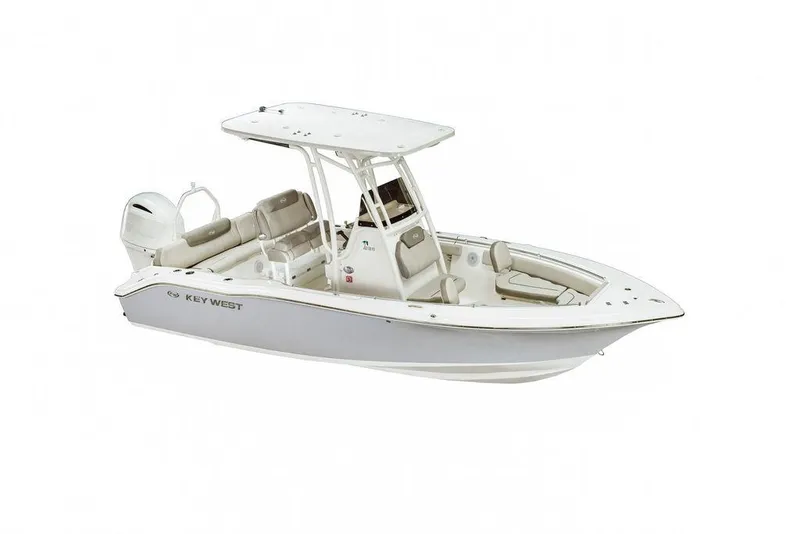 Slide: The Image of 2025 Key West 219fs boat, sleek design, white exterior, spacious seating, modern features. - 1