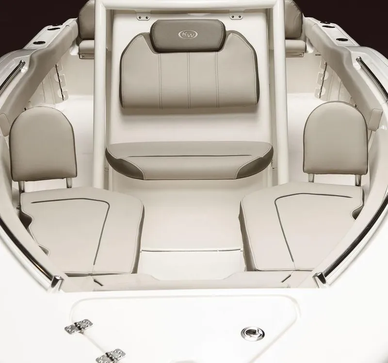 Slide: The Image of 2025 Key West 219fs boat interior with beige seating and sleek design. - 20