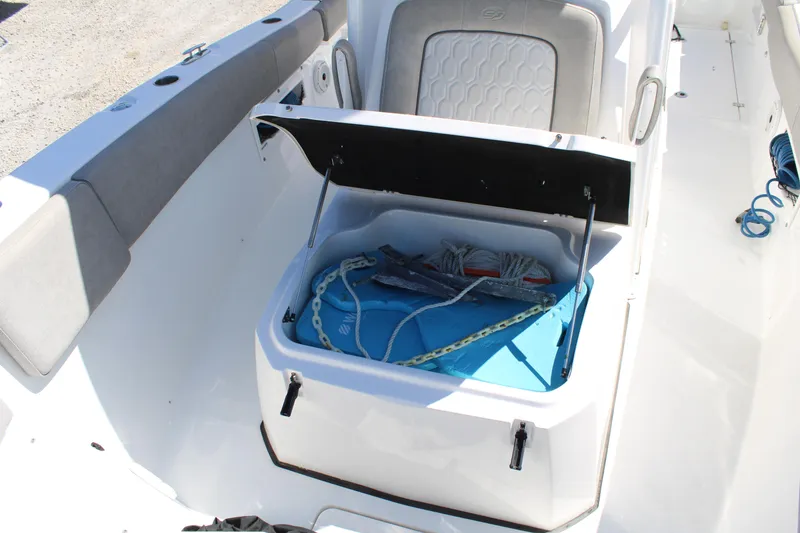Slide: The Image of 2021 Sea Fox 268 Commander boat storage compartment with ropes and anchor. - 27