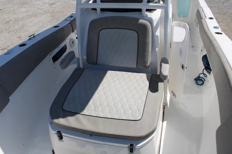 Slide: The Image of 2021 Sea Fox 268 Commander boat seat with gray cushioned upholstery. - 28
