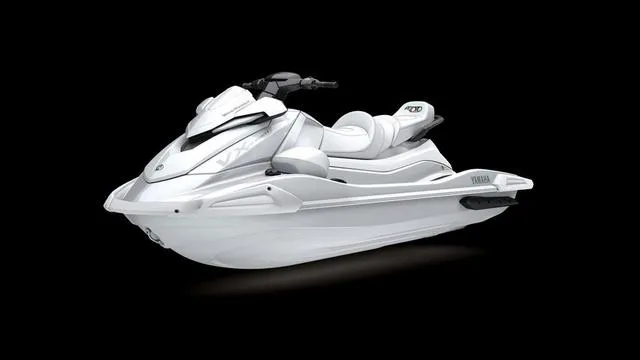 Slide: The Image of 2025 Yamaha Waverunner VX, sleek white design, side view on black background. - 7