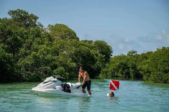 Slide: The Image of 2025 Yamaha Waverunner VX Cruiser with Audio in scenic waterway, diver nearby. - 15