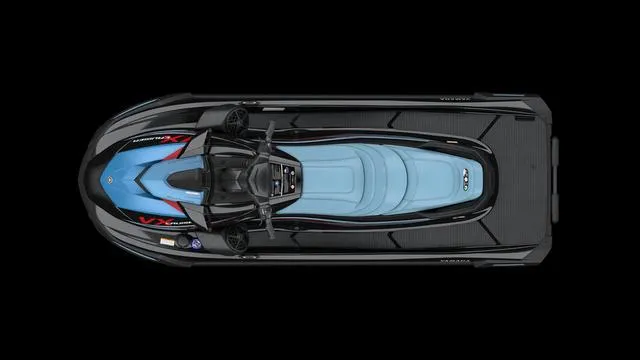 Slide: The Image of 2025 Yamaha Waverunner VX Cruiser with Audio, top view, sleek design, black and blue color scheme. - 9