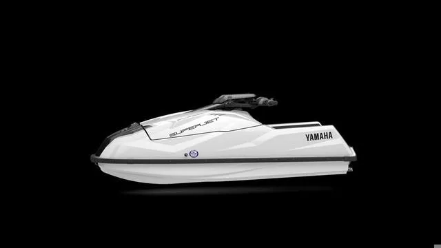 Slide: The Image of 2025 Yamaha Waverunner Superjet, sleek white design, side view on black background. - 5