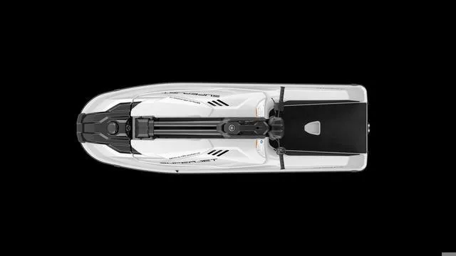 Slide: The Image of 2025 Yamaha Waverunners Superjet, top view, sleek white design on black background. - 9