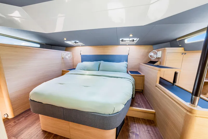 Slide: The Image of Luxurious interior of 2022 Aquila 44 Yacht with modern bedroom design. - 49