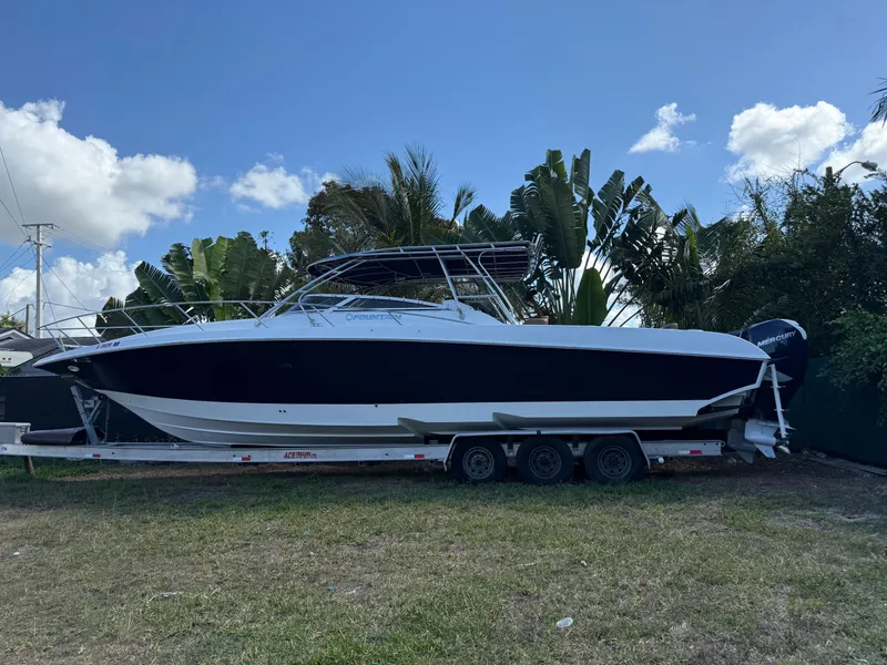 Slide: The Image of 2010 Fountain 38 LX boat on trailer, surrounded by tropical foliage. - 2