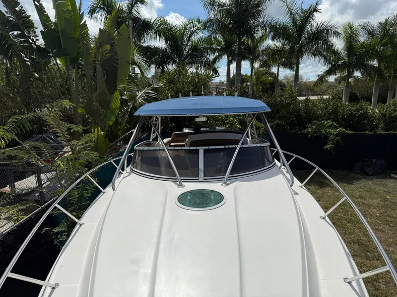 Slide: The Image of 2010 Fountain 38 LX boat with blue canopy, surrounded by lush palm trees. - 37