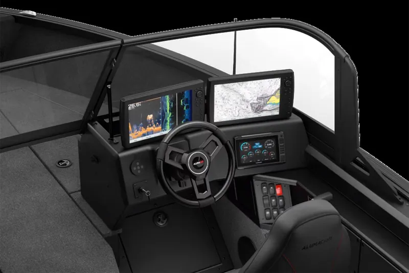 Slide: The Image of 2025 Alumacraft Competitor 175X Sport Rotax S dashboard with advanced navigation displays. - 36
