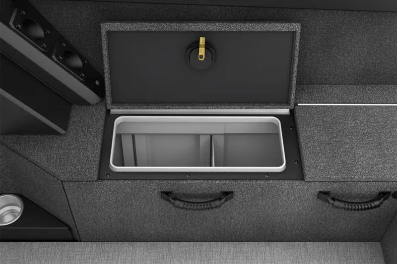 Slide: The Image of 2025 Alumacraft Competitor 175X Sport Rotax S boat storage compartment, open lid, gray interior. - 38