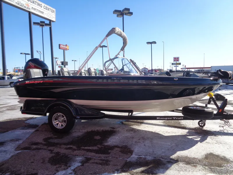 Slide: The Image of 2024 Ranger 1850MS boat on trailer in outdoor dealership lot. - 3