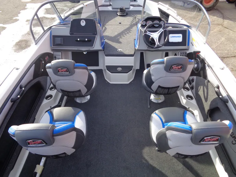 Slide: The Image of 2024 Ranger 1880MS boat interior with four seats and modern dashboard. - 6