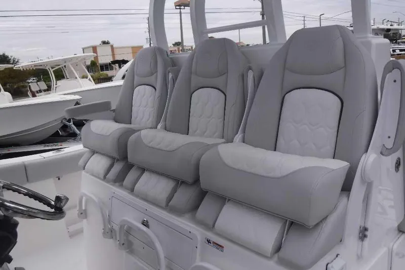 Slide: The Image of 2020 Sea Fox 368 Commander boat seats, featuring luxurious gray upholstery. - 18
