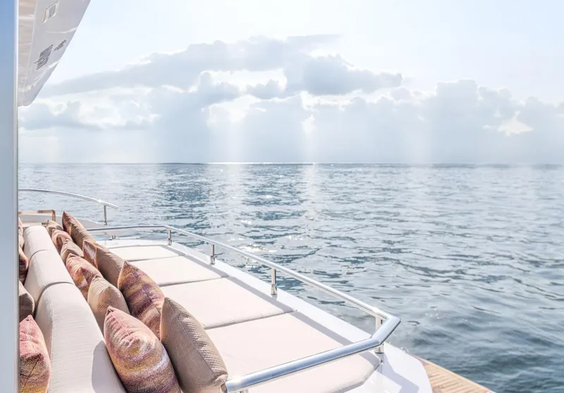 Slide: The Image of Luxurious Majesty 100 Terrace yacht deck with ocean view, 2025 model. - 16