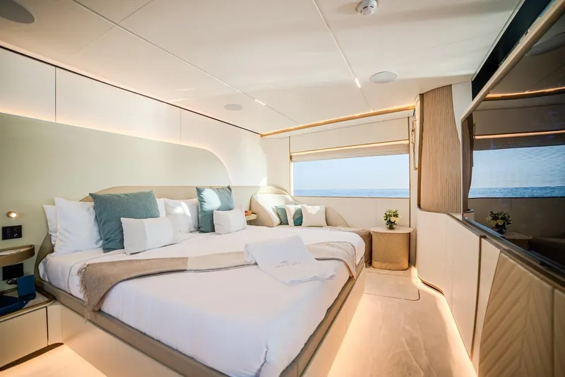 Slide: The Image of Luxurious bedroom interior on Majesty 100 Terrace yacht, 2025 model, with ocean view. - 31