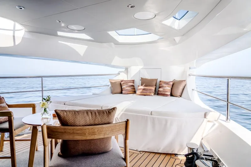 Slide: The Image of Luxurious 2025 Majesty 100 Terrace yacht with elegant seating and ocean view. - 33