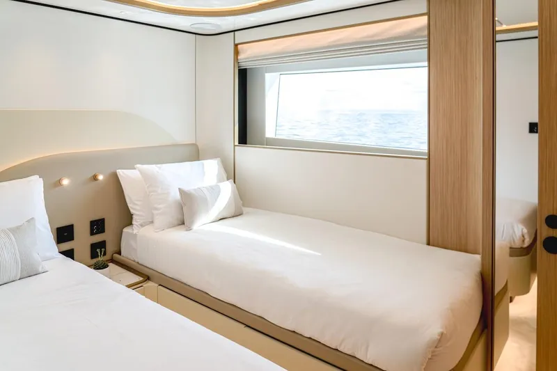 Slide: The Image of Luxurious cabin interior of 2025 Majesty 100 Terrace yacht with ocean view. - 38