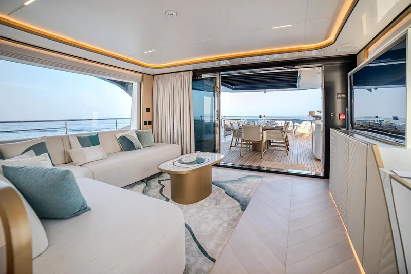 Slide: The Image of Luxurious interior of 2025 Majesty 100 Terrace yacht with ocean view. - 43