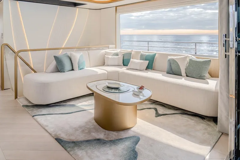 Slide: The Image of Luxurious interior of 2025 Majesty 100 Terrace yacht with elegant seating and ocean view. - 45