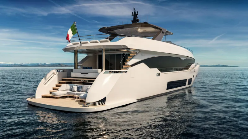 Slide: The Image of Luxurious 2026 Maiora 30m yacht on serene ocean waters, featuring sleek modern design. - 2