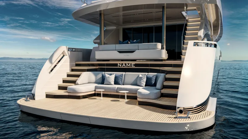 Slide: The Image of Luxurious 2026 Maiora 30m yacht with elegant deck seating on calm ocean waters. - 4