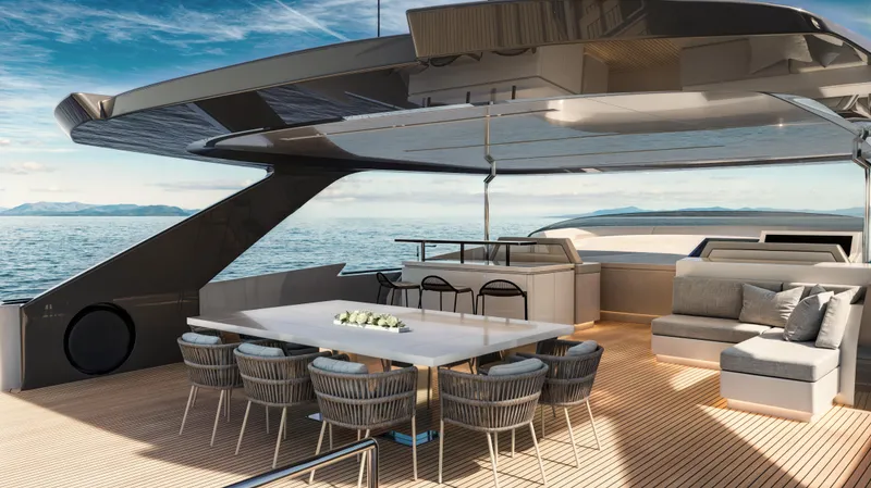 Slide: The Image of Luxurious 2026 Maiora 30m yacht deck with elegant dining area and ocean view. - 5
