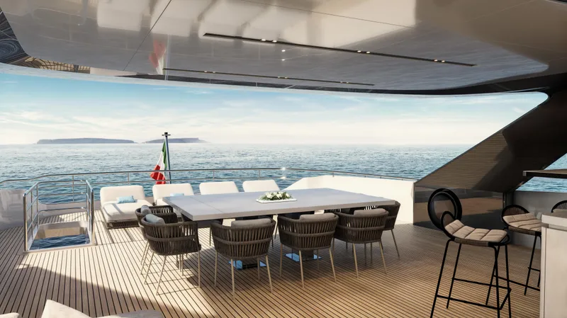 Slide: The Image of Luxurious Maiora 30m yacht deck with dining area, ocean view, and modern design, 2026 model. - 6