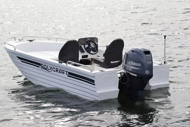 Slide: The Image of 2021 Polycraft 410 Challenger Side Console boat on water with Yamaha engine. - 3